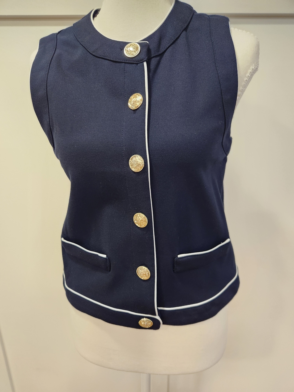 Sleeveless Navy Vest with White Piping and Gold Buttons